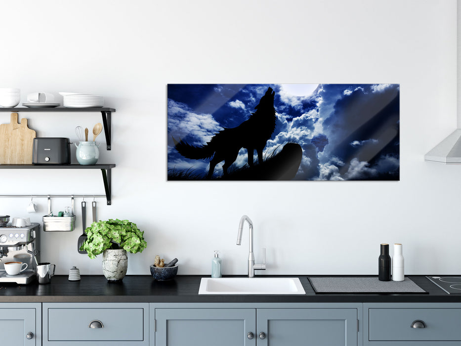 Wolf im Mondschein, Glasbild Panorama