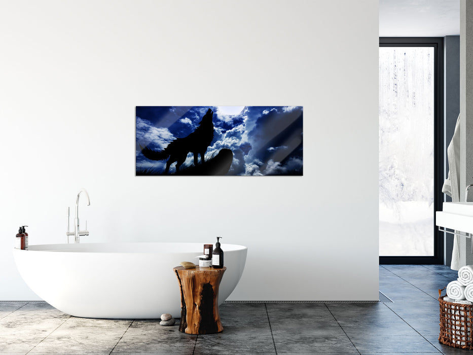 Wolf im Mondschein, Glasbild Panorama