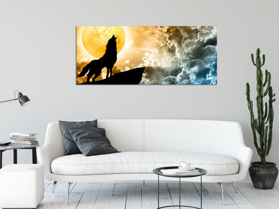 Wolf heult den Mond an, Glasbild Panorama