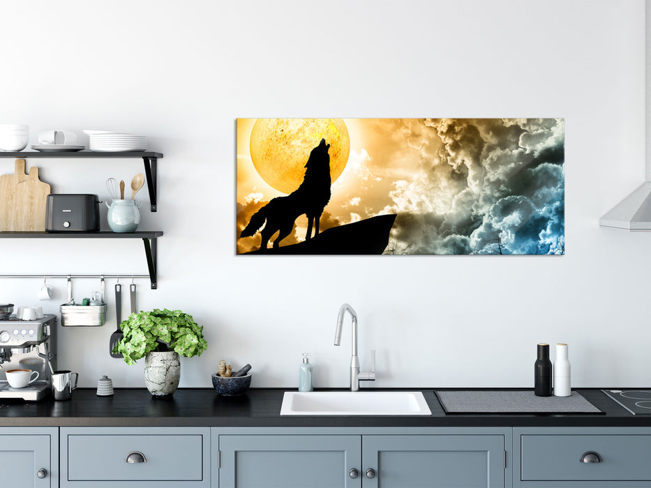 Wolf heult den Mond an, Glasbild Panorama