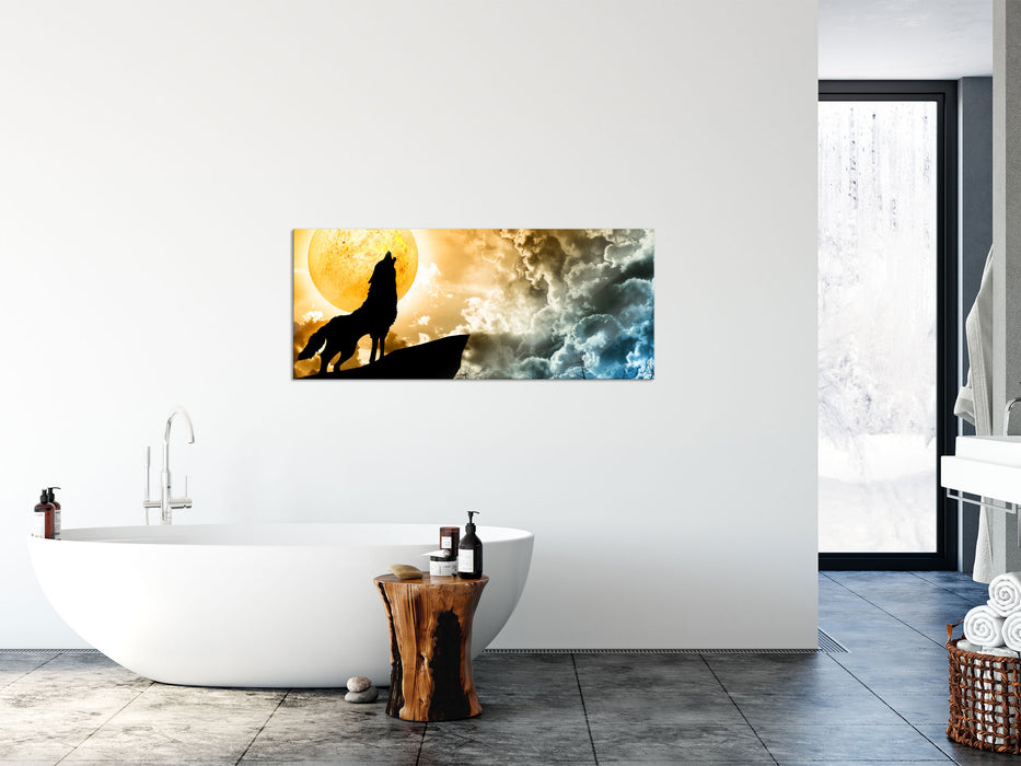 Wolf heult den Mond an, Glasbild Panorama