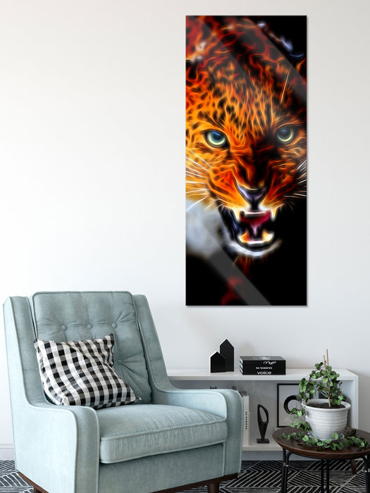 Fauchender Leopard, Glasbild Panorama