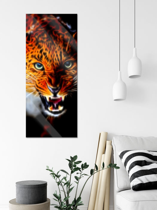 Fauchender Leopard, Glasbild Panorama