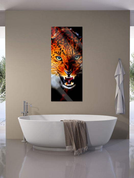 Fauchender Leopard, Glasbild Panorama