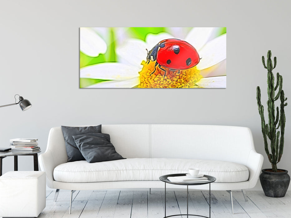 Marienkäfer auf Gänseblümchen, Glasbild Panorama