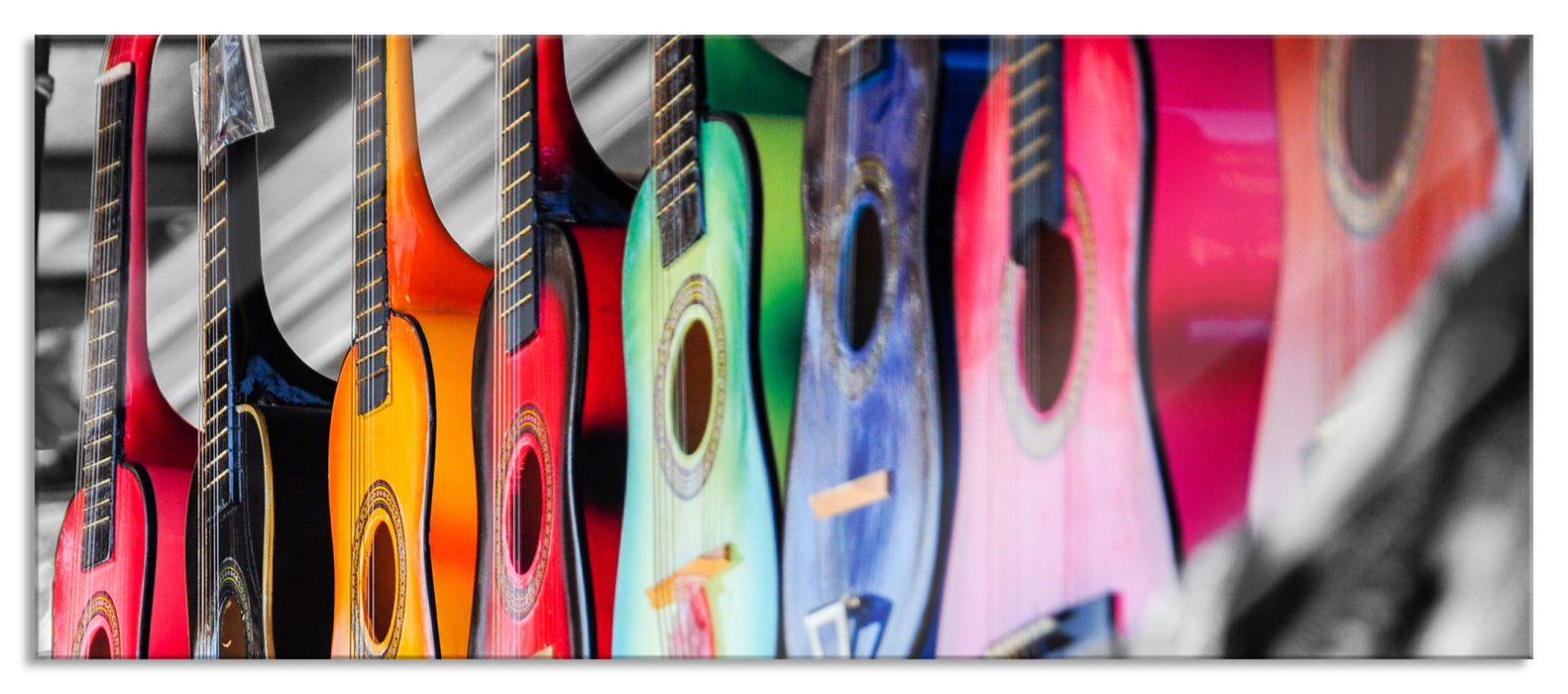 Pixxprint klassische Gitarren auf dem Markt, Glasbild Panorama