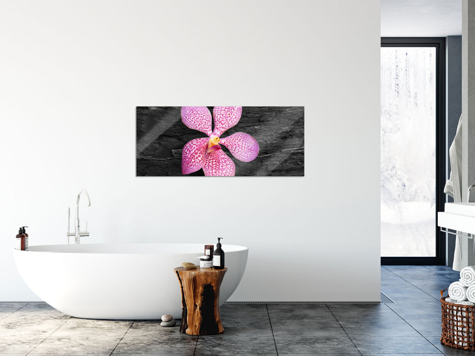 Orchideenblüte auf Rinde, Glasbild Panorama