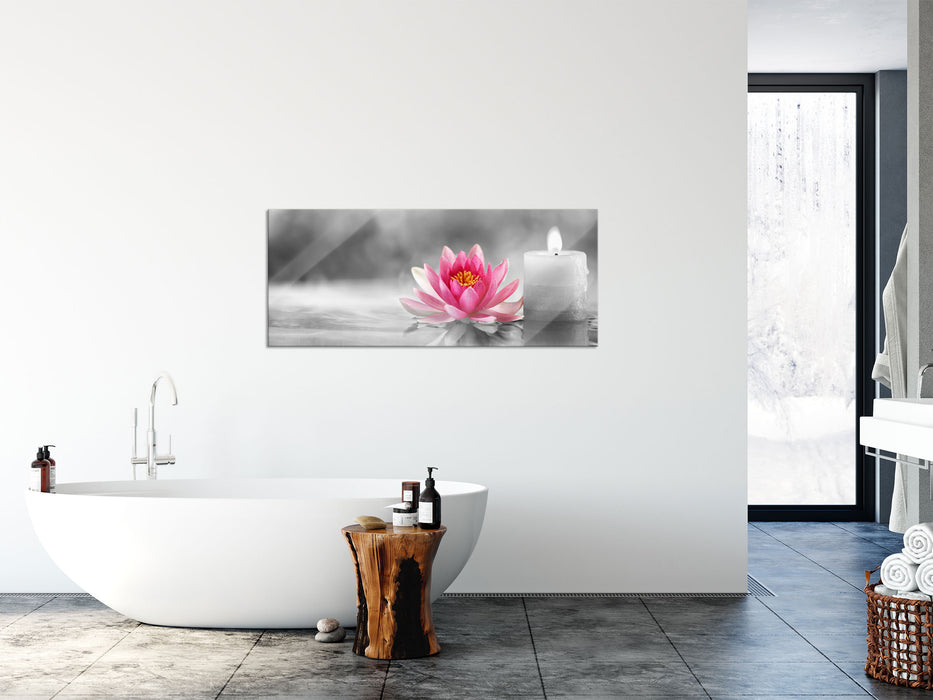 Seerose neben Kerze, Glasbild Panorama