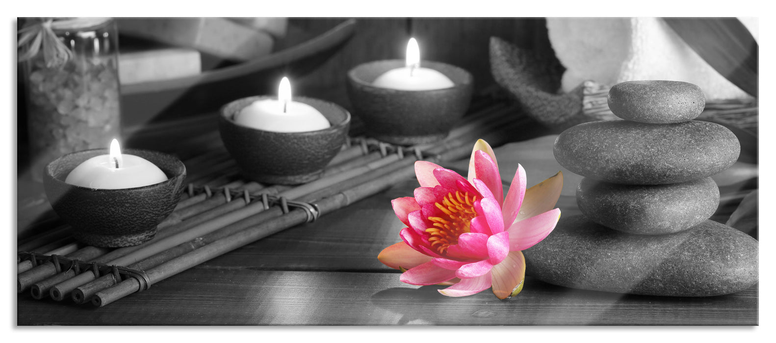 Kerzen Seerose Zen Steine, Glasbild Panorama