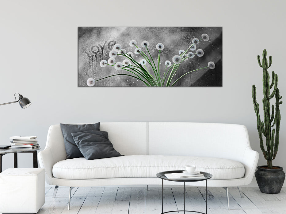 Pusteblumen bei Regen, Glasbild Panorama