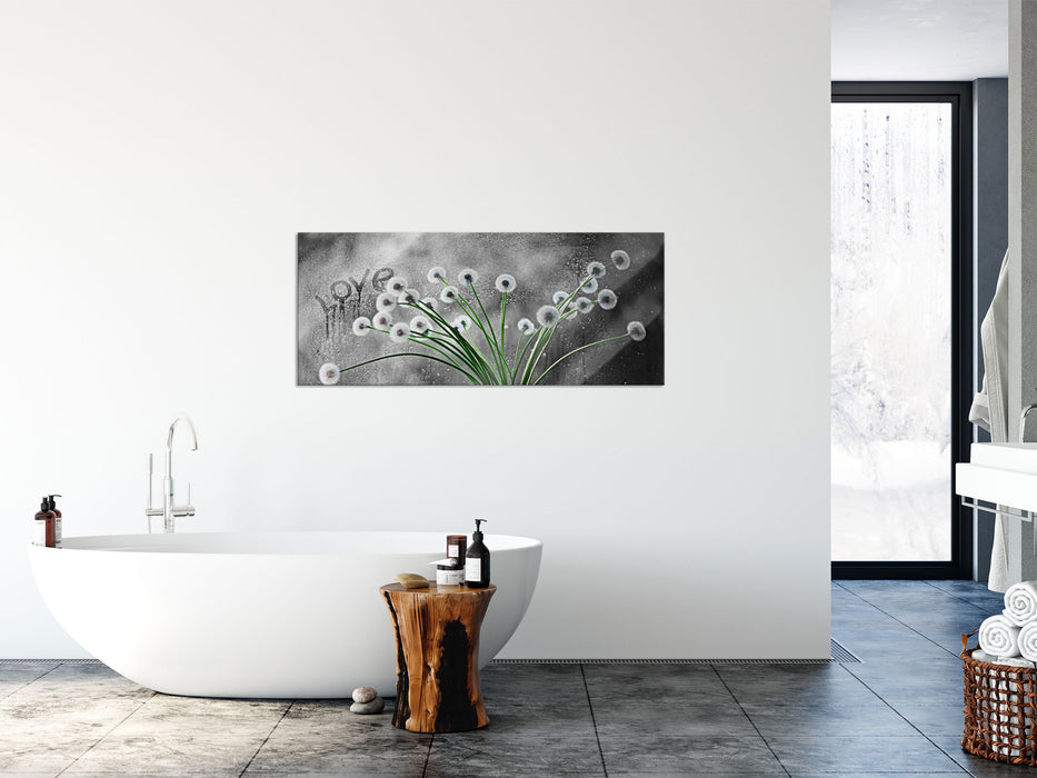 Pusteblumen bei Regen, Glasbild Panorama