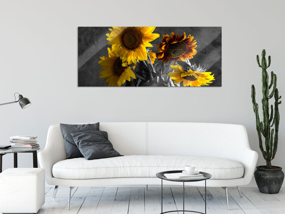 schöne Sonnenblume in Vase, Glasbild Panorama