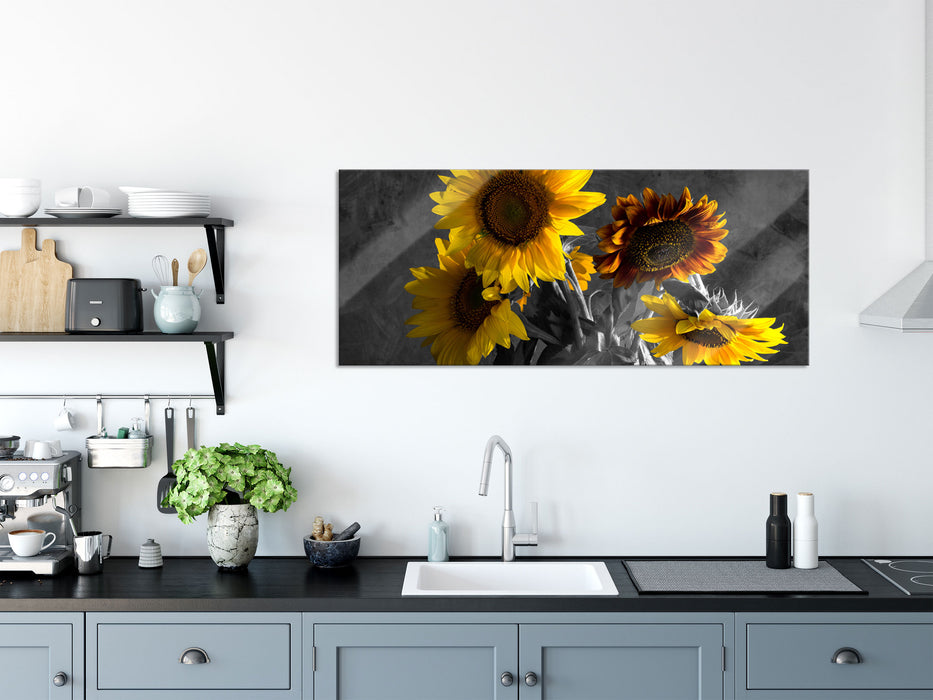 schöne Sonnenblume in Vase, Glasbild Panorama