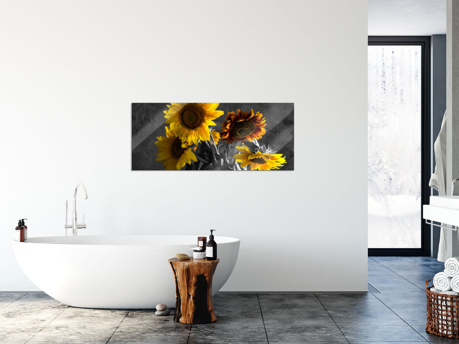 schöne Sonnenblume in Vase, Glasbild Panorama