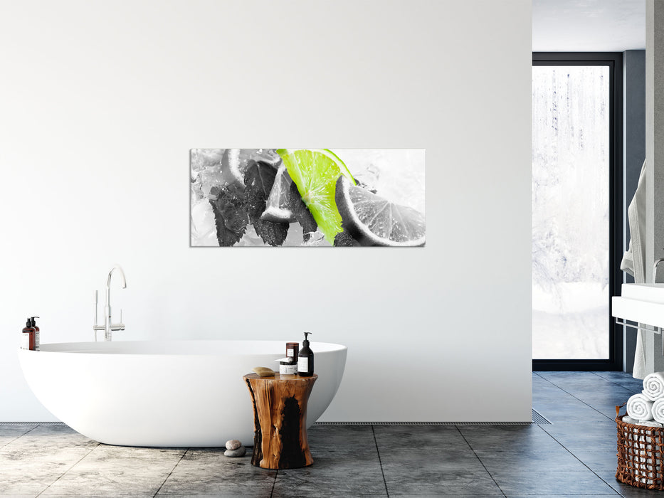 Minze mit Limetten im Eis, Glasbild Panorama