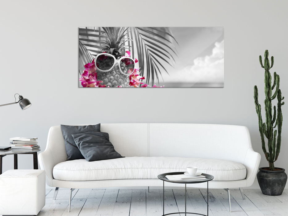 Ananas mit Sonnenbrille, Glasbild Panorama