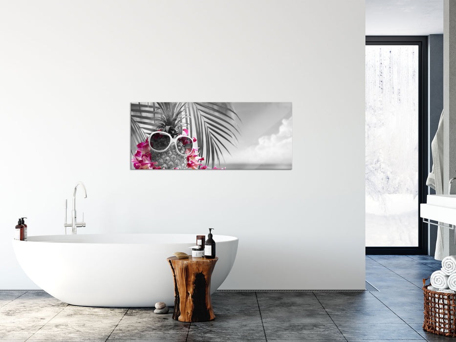 Ananas mit Sonnenbrille, Glasbild Panorama