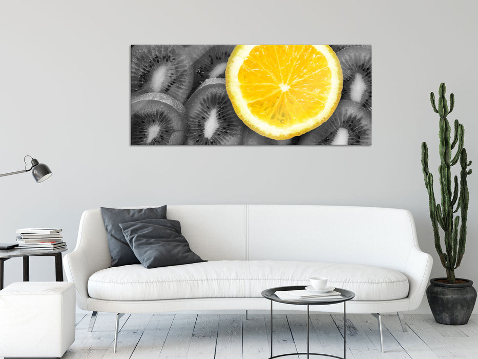 Orange auf Kiwi Scheiben, Glasbild Panorama