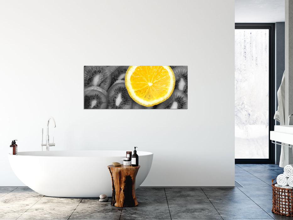 Orange auf Kiwi Scheiben, Glasbild Panorama