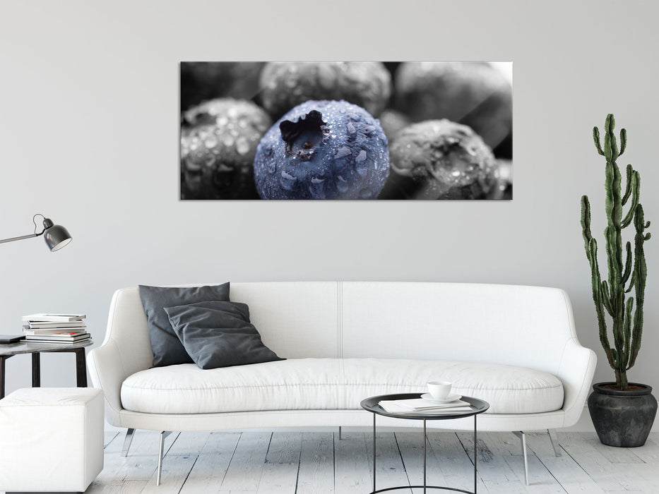 Heidelbeeren mit Tropfen, Glasbild Panorama