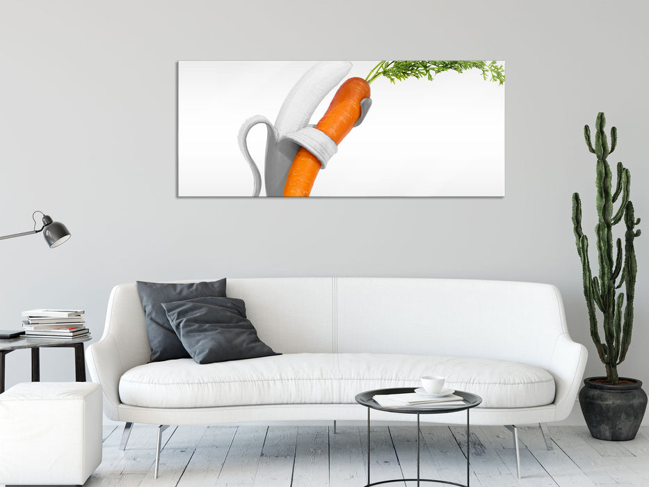 Banane und Möhre tanzen, Glasbild Panorama