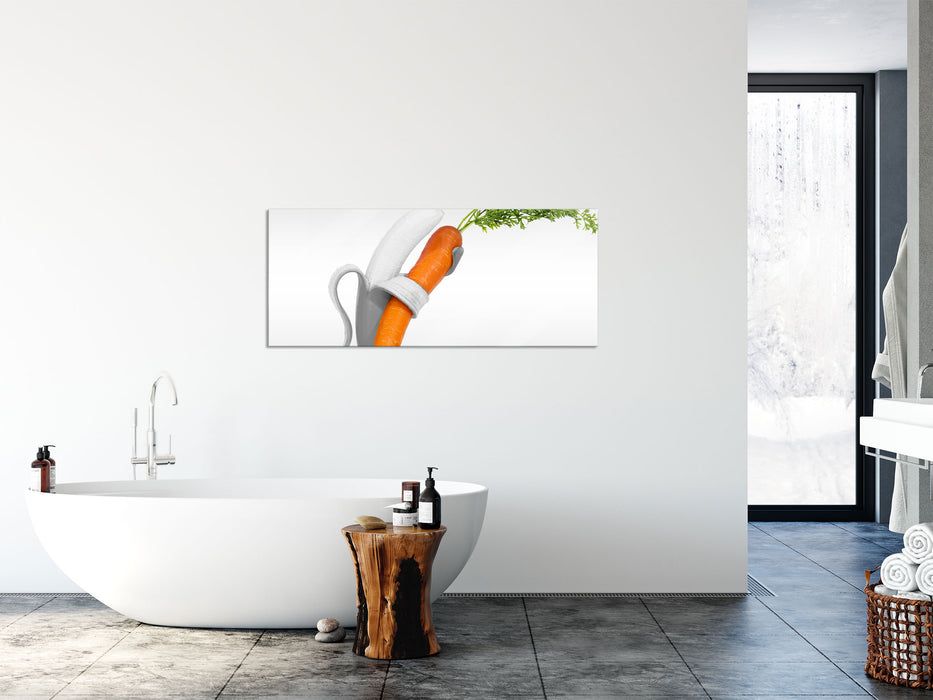 Banane und Möhre tanzen, Glasbild Panorama