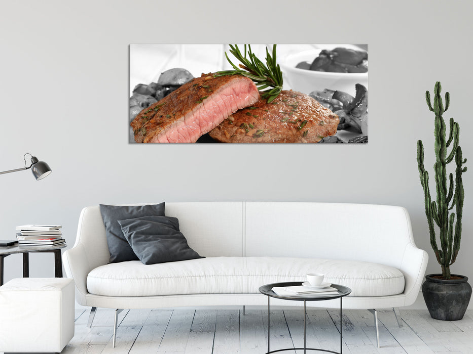 saftiges Medium Steak, Glasbild Panorama