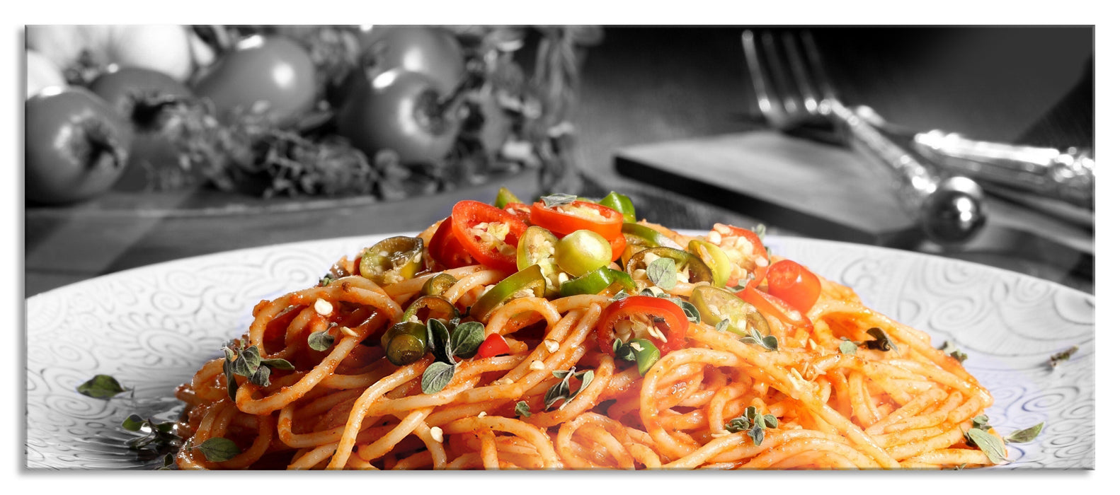 Pixxprint schmackhafte Spaghetti Italia, Glasbild Panorama