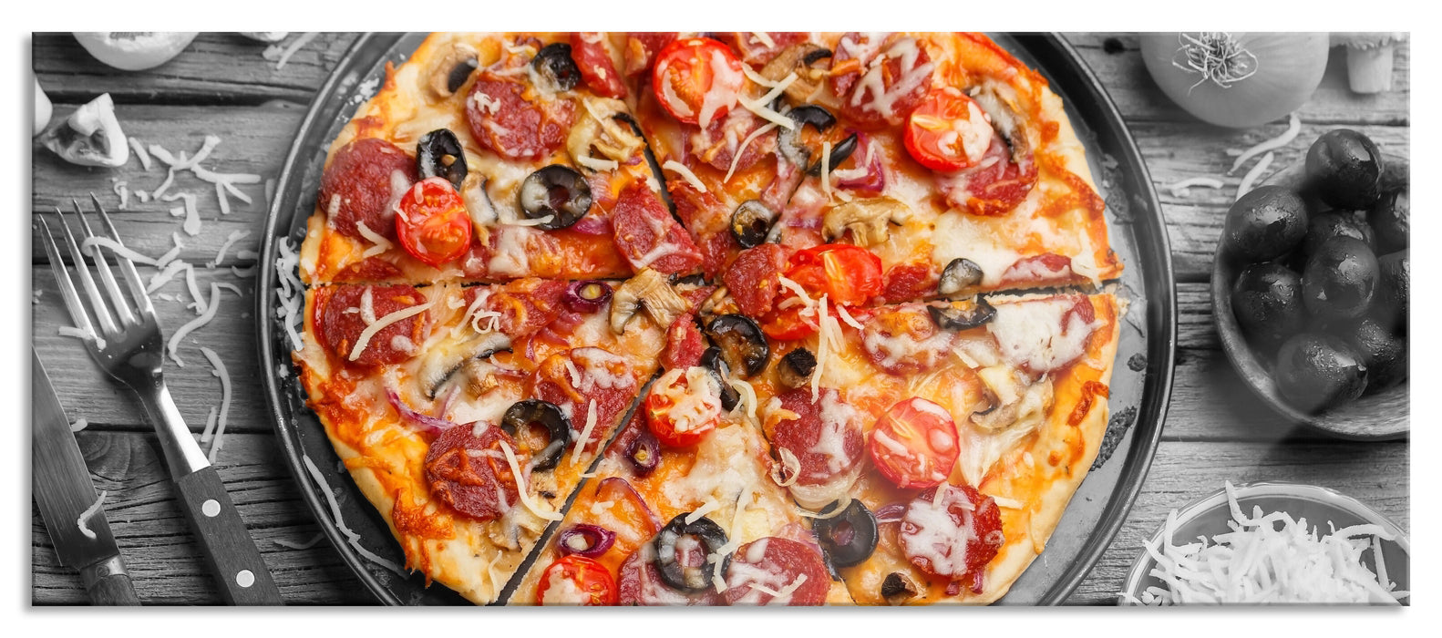 Pixxprint Pizza auf Pizzablech, Glasbild Panorama