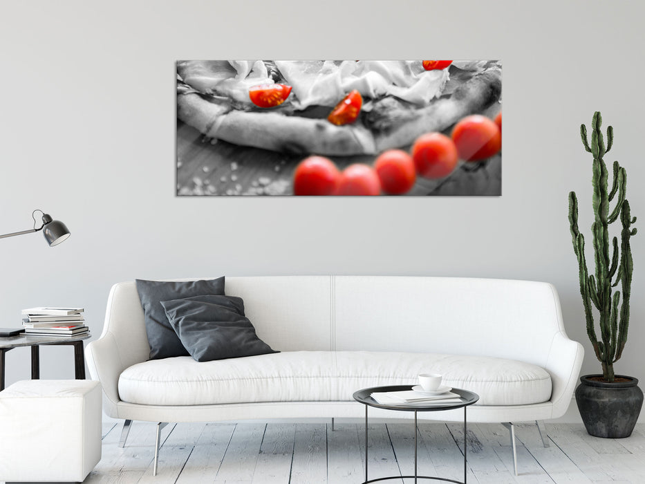 Pizza mit Schinken und Tomaten, Glasbild Panorama