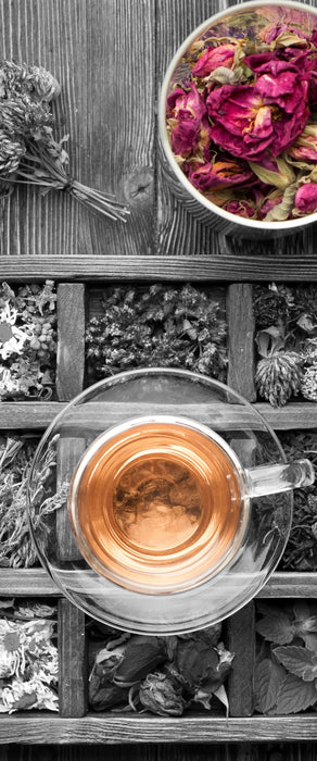 getrocknete Blumen und Gewürze, Glasbild Panorama