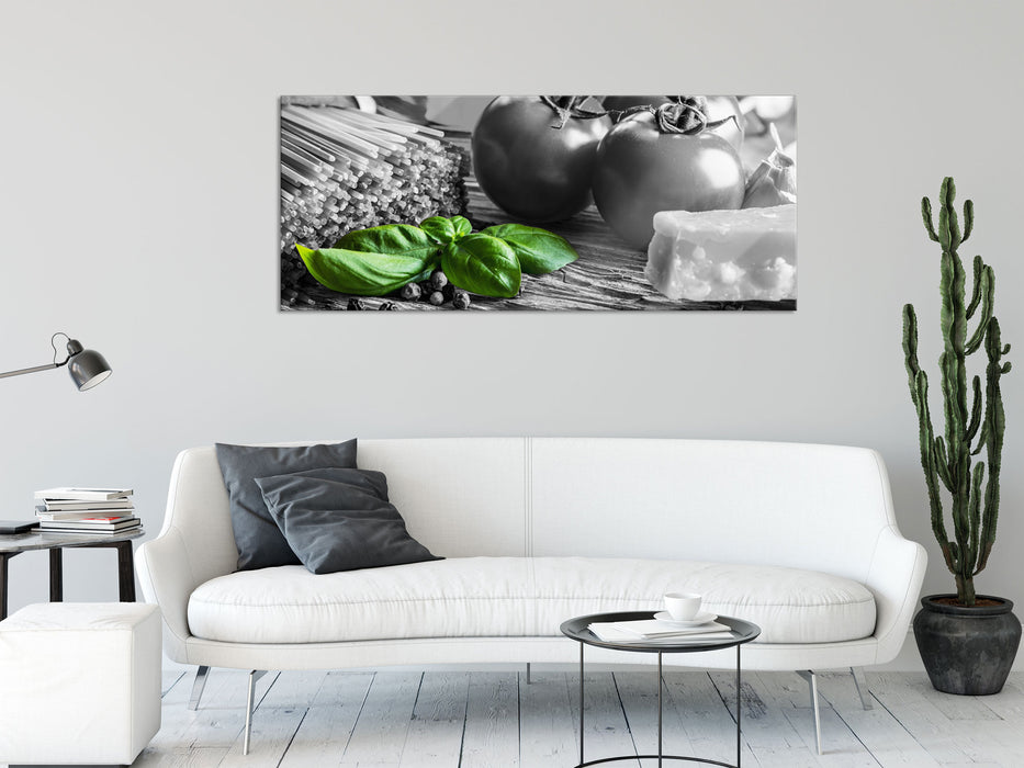 Spaghetti mit Tomaten und Parmesan, Glasbild Panorama