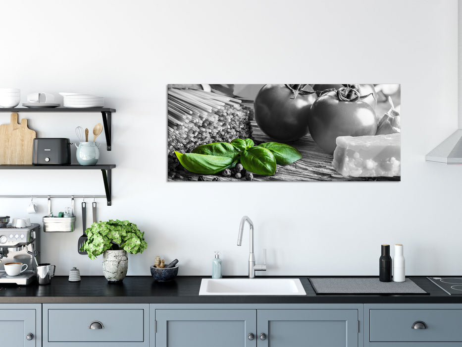 Spaghetti mit Tomaten und Parmesan, Glasbild Panorama