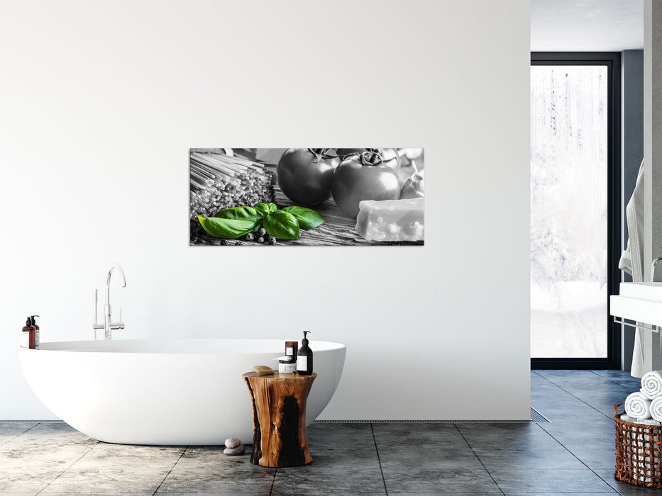 Spaghetti mit Tomaten und Parmesan, Glasbild Panorama