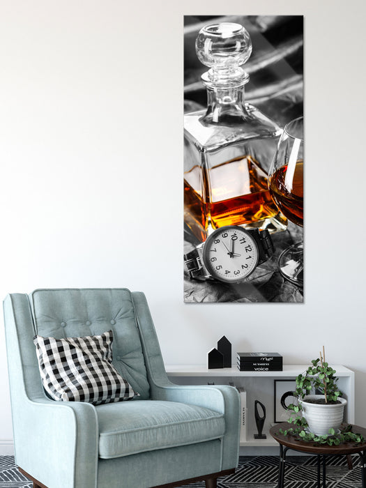 Man Things mit Whiskey und Uhr, Glasbild Panorama