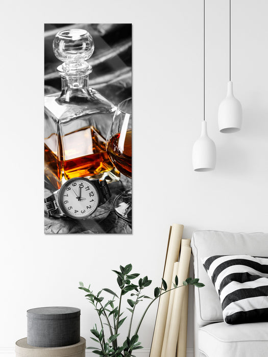 Man Things mit Whiskey und Uhr, Glasbild Panorama