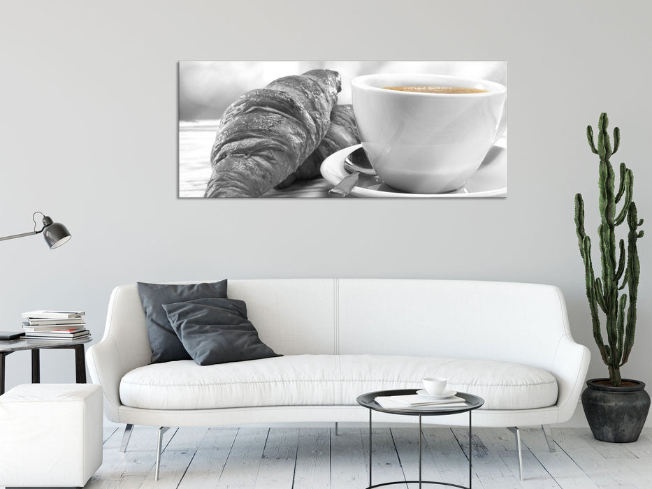 Croissants und Kaffee, Glasbild Panorama