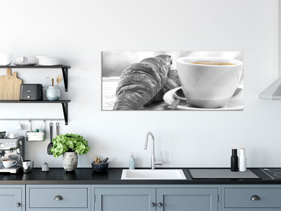 Croissants und Kaffee, Glasbild Panorama