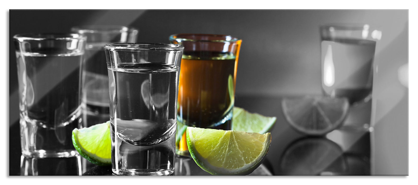 Pixxprint Tequila Shots mit Limetten, Glasbild Panorama