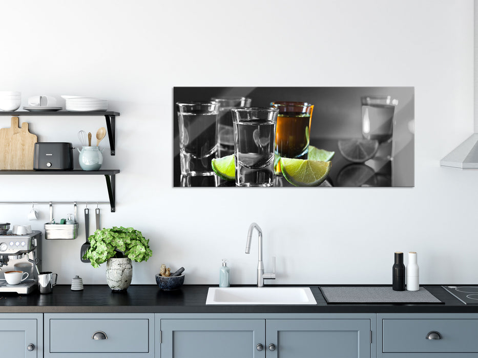 Tequila Shots mit Limetten, Glasbild Panorama