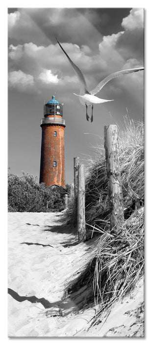 Pixxprint Leuchtturm mit Möwe an Strandweg, Glasbild Panorama