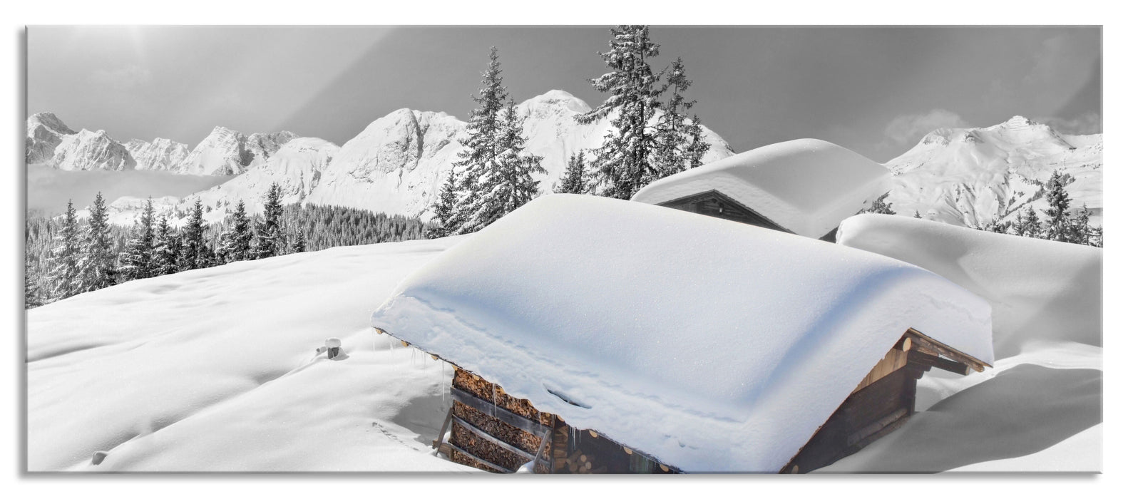 Pixxprint Berghütten in den Alpen, Glasbild Panorama