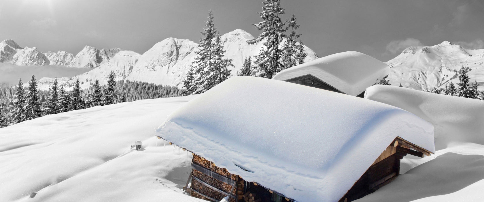 Berghütten in den Alpen, Glasbild Panorama