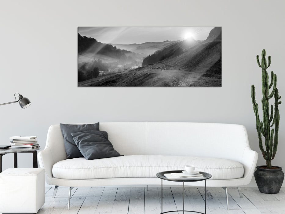 Berge mit Regenbogen, Glasbild Panorama