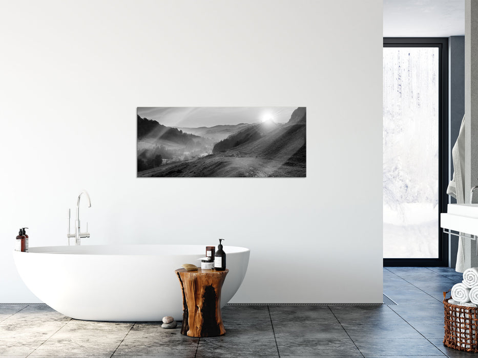 Berge mit Regenbogen, Glasbild Panorama