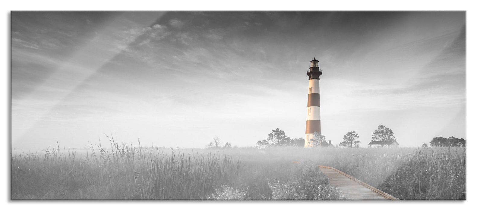 Pixxprint schöner Leuchtturm mit Steg, Glasbild Panorama