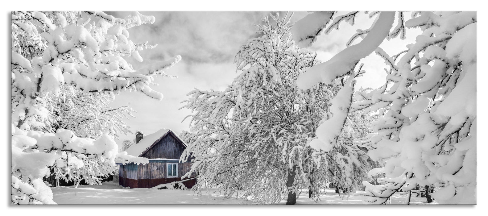 Pixxprint Hütte in schöner Winterlandschaft, Glasbild Panorama