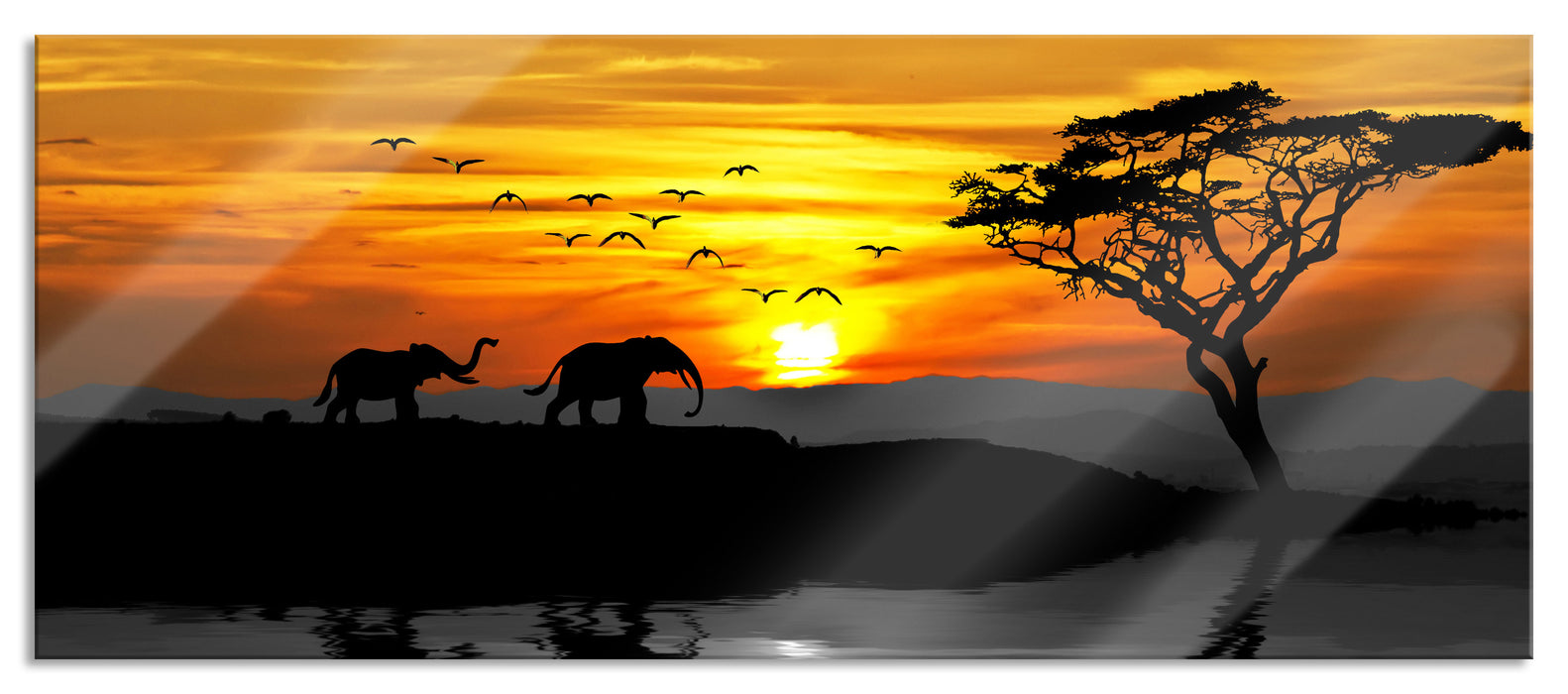Afrikanische Steppe mit Elefanten, Glasbild Panorama