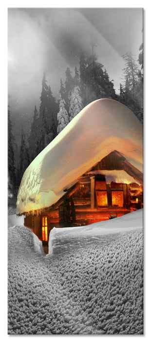 Pixxprint Hütte im Schnee, Glasbild Panorama