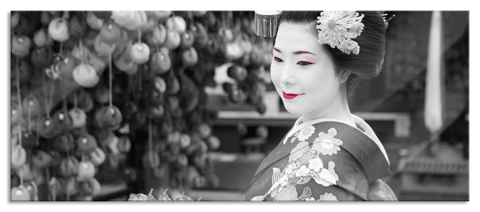 Pixxprint schöne Geisha mit Fächer, Glasbild Panorama